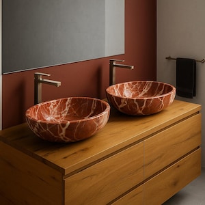 Vasques design en marbre corail rouge - 60 x 40 cm - Vasques en marbre corail rouge - Vasques modernes en marbre rouge - Vasques à poser rouges - Vasques rouges