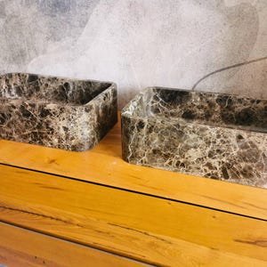 Pair of Emperador Dark marble vessel sinks 50x30x15 cm, rectangular brown stone bathroom basins image 2