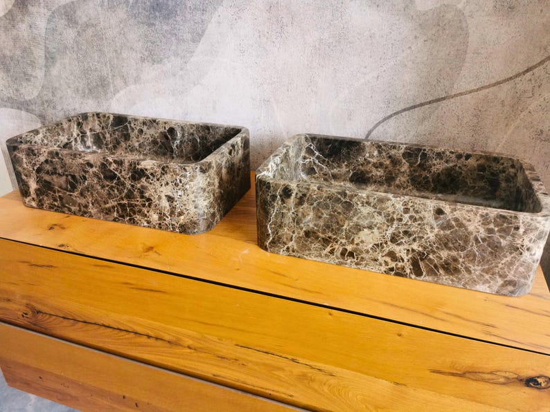 Pair of Emperador Dark marble vessel sinks 50x30x15 cm, rectangular brown stone bathroom basins image 2