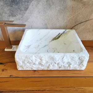 Rectangular Carrara marble sink 50 x 42 cm - Rustic bathroom countertop sink, monobloc design, natural stone - white countertop sink image 2