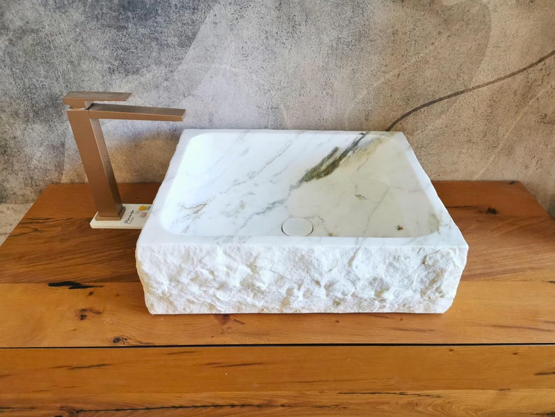 Rectangular Carrara marble sink 50 x 42 cm - Rustic bathroom countertop sink, monobloc design, natural stone - white countertop sink image 2