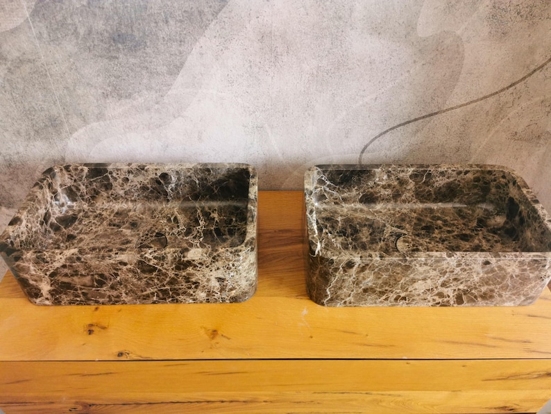 Pair of Emperador Dark marble vessel sinks 50x30x15 cm, rectangular brown stone bathroom basins image 6
