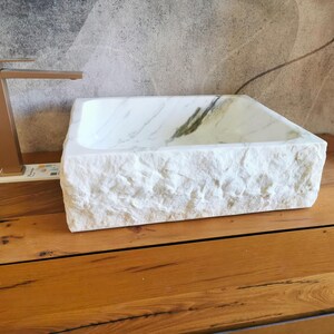 Rectangular Carrara marble sink 50 x 42 cm - Rustic bathroom countertop sink, monobloc design, natural stone - white countertop sink image 7