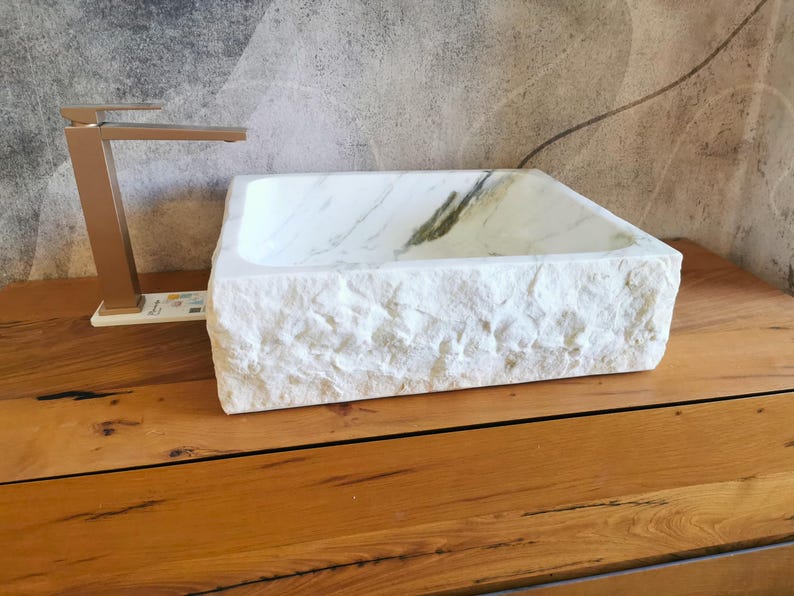 Rectangular Carrara marble sink 50 x 42 cm - Rustic bathroom countertop sink, monobloc design, natural stone - white countertop sink image 7