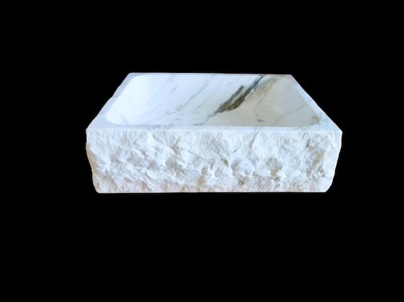 Lavabo rettangolare in marmo Carrara 50x42cm-Lavandino da appoggio bagno rustico design monoblocco pietra naturale-lavabo da appoggio bianco