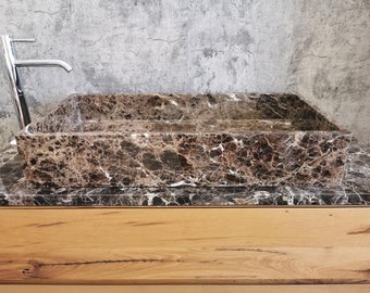 Vasque à poser en marbre marron foncé Emperador mesurant 80 cm lavabo de salle de bain moderne en marbre marron, lavabo en marbre design