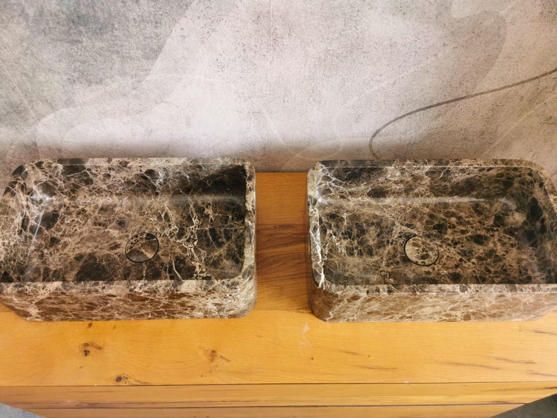 Pair of Emperador Dark marble vessel sinks 50x30x15 cm, rectangular brown stone bathroom basins image 5
