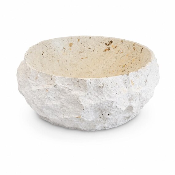 Lavabo in marmo beige da appoggio 42x42x15 cm, lavandino rotondo in pietra naturale con esterno grezzo e interno levigato
