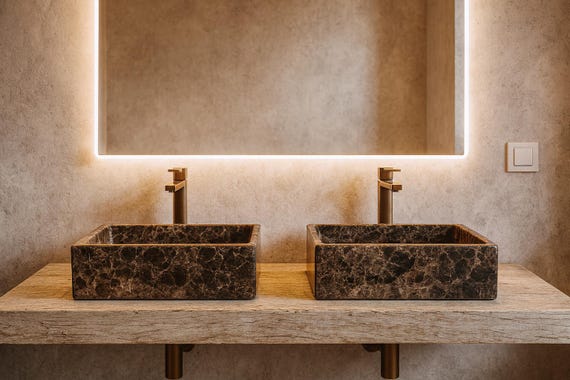 Coppia lavabi in marmo Emperador Dark-50x30x15cm–Lavabi rettangolari da appoggio monoblocco-lavabi moderni in marmo marrone-lavabi design