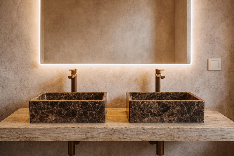 Pair of Emperador Dark marble vessel sinks 50x30x15 cm, rectangular brown stone bathroom basins image 1