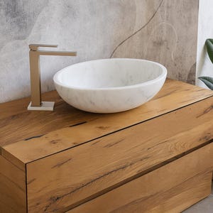 Lavabo de mármol blanco de Carrara 60x40x15 cm – elegante lavabo sobre encimera ovalado para baño moderno – lavabo ovalado de diseño de Carrara