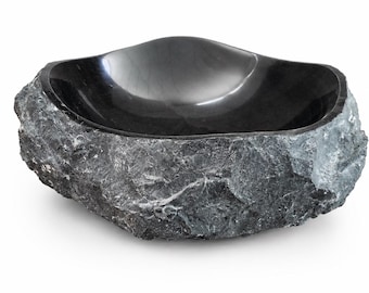 Lavabo in marmo nero antico da appoggio 42x42x15 cm, lavandino in pietra naturale con esterno grezzo e interno levigato