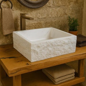 Lavabo rettangolare in marmo Carrara 50x42x15cm | Lavandino da appoggio bagno rustico design naturale monoblocco in marmo carrara bianco
