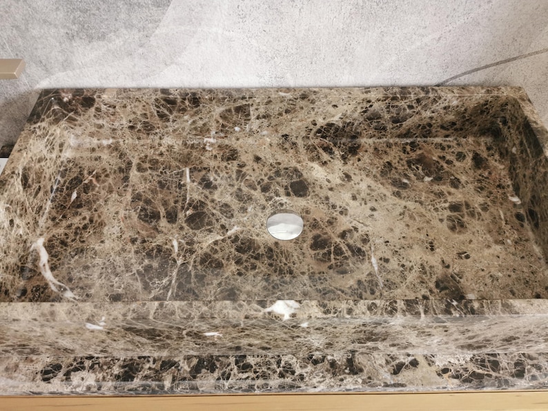 Aufsatzwaschbecken aus braunem Marmor, 90 cm, Marmorwaschbecken, braunes Waschbecken, echte Fotos des Waschbeckens verfügbar, großes Marmorwaschbecken Bild 3