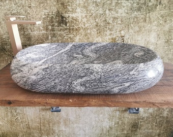 Hochwertiges Granit-Aufsatzwaschbecken mit den Maßen 70 x 40 cm, Granitwaschbecken, modernes graues ovales Waschbecken, Vasque a Poser Gris, graues Waschbecken