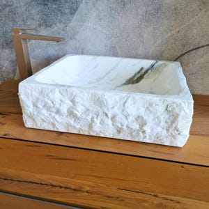 Rectangular Carrara marble sink 50 x 42 cm - Rustic bathroom countertop sink, monobloc design, natural stone - white countertop sink image 6