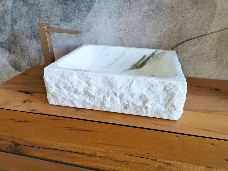Rectangular Carrara marble sink 50 x 42 cm - Rustic bathroom countertop sink, monobloc design, natural stone - white countertop sink image 6