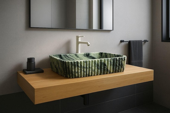 Lavabo bagno in marmo verde-60x40x15cm-lavandino verde-arredo bagno verde-modernes grünes Marmorwaschbecken-lavabo moderno verde da appoggio