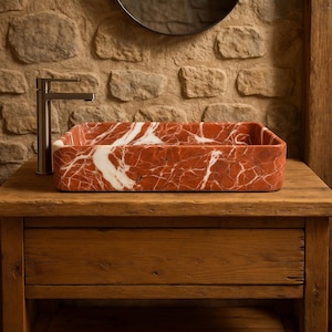 Countertop washbasin in red marble 90 x 45 cm-marmor waschbecken-sink red-vasque a poser rouge-évier a poser rouge-red sink-modern red washbasin