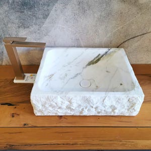 Rectangular Carrara marble sink 50 x 42 cm - Rustic bathroom countertop sink, monobloc design, natural stone - white countertop sink image 5