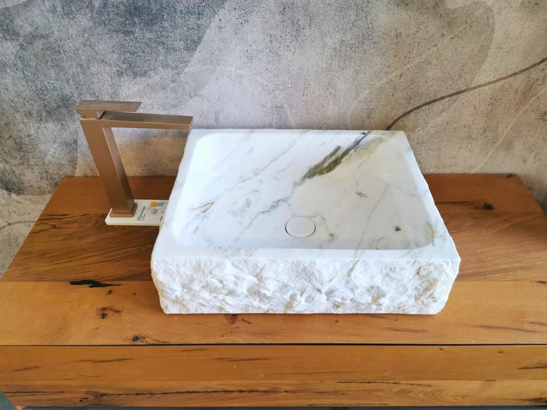 Rectangular Carrara marble sink 50 x 42 cm - Rustic bathroom countertop sink, monobloc design, natural stone - white countertop sink image 5
