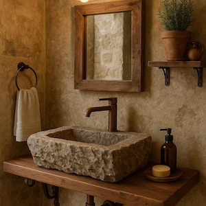Könnte beinhalten: Rustikales Badezimmer mit einem Steinwaschbecken, einem Holzregal und einem Wasserhahn aus Bronze. Über dem Waschbecken hängt ein gerahmter Spiegel, mit einem kleinen Regal mit einer Topfpflanze. Die Wand hat eine warme, strukturierte Farbe.