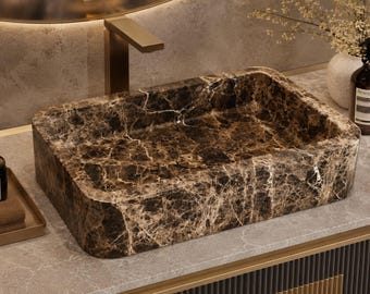 Emperador Dark marble sink 70x45x15 cm, countertop bathroom basin with wide edges, rounded corners and marble cover