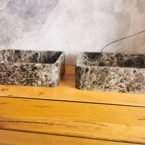 Pair of Emperador Dark marble vessel sinks 50x30x15 cm, rectangular brown stone bathroom basins image 4