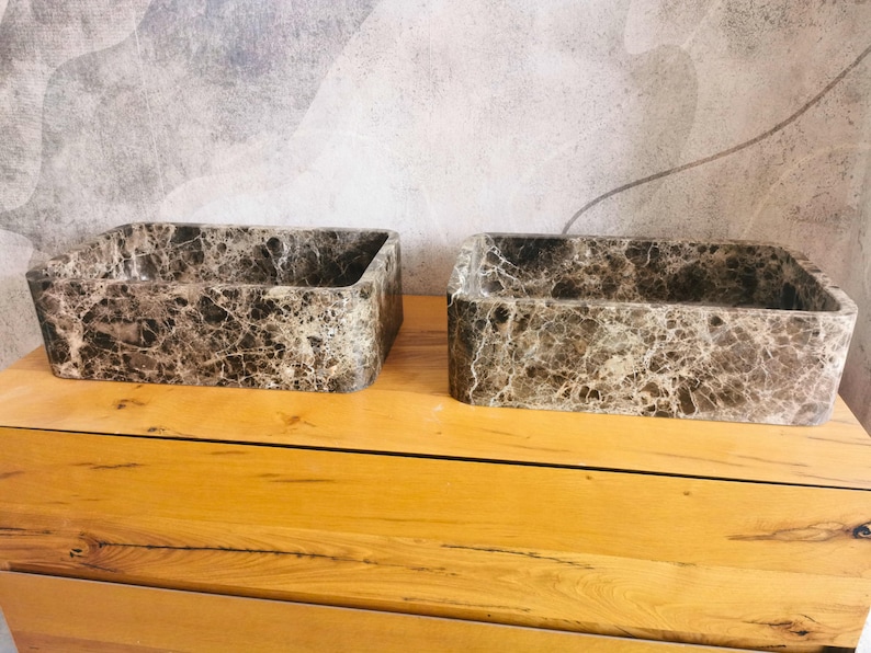 Pair of Emperador Dark marble vessel sinks 50x30x15 cm, rectangular brown stone bathroom basins image 4