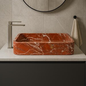 Rectangular countertop red marble sink | Modern design with natural white veining | Elegant contemporary bathroom sink 80 x 40 cm image 1