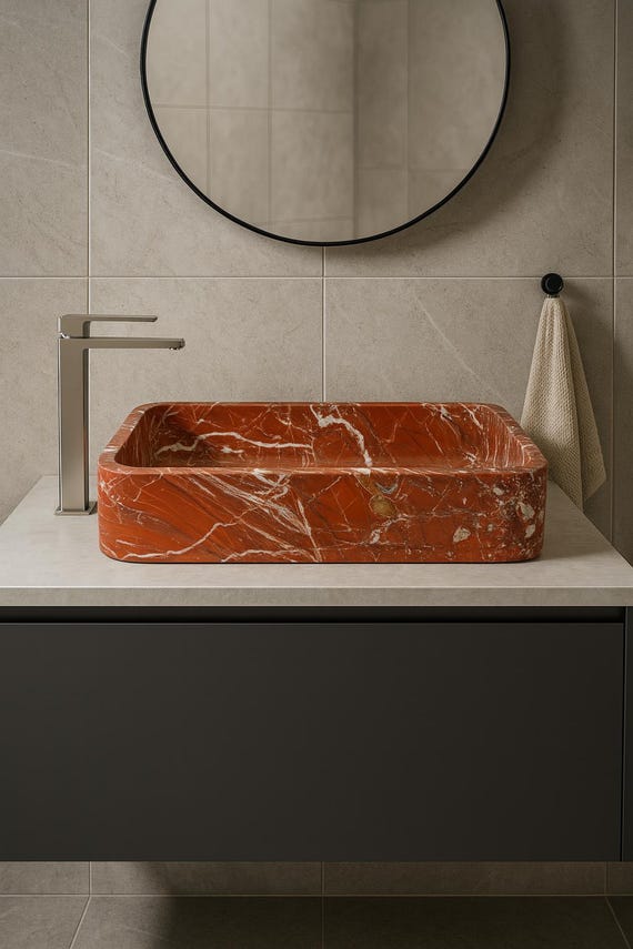 Lavabo in marmo rosso rettangolare da appoggio| Design moderno con venature naturali bianche|Lavabo elegante per bagno contemporaneo 80x40cm