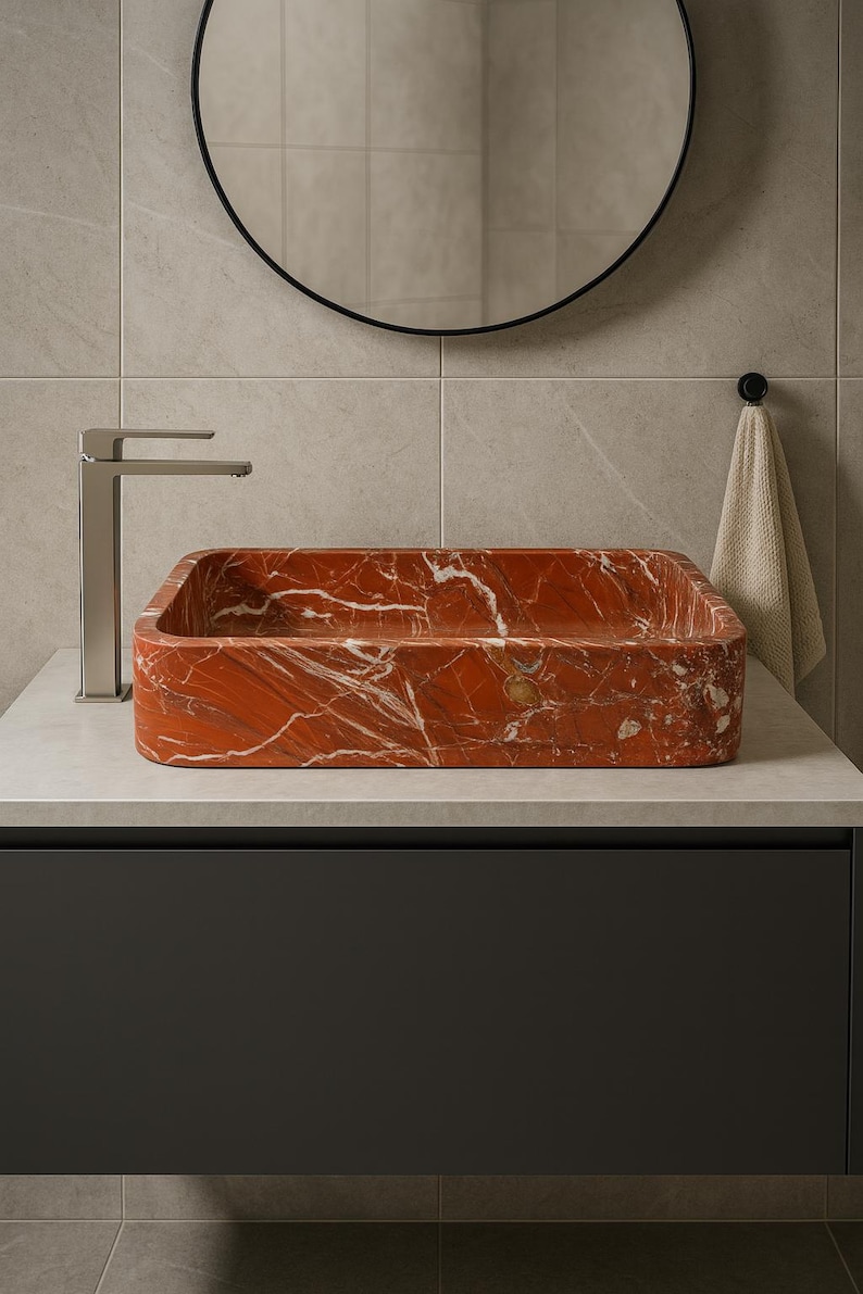 Rectangular countertop red marble sink | Modern design with natural white veining | Elegant contemporary bathroom sink 80 x 40 cm image 1
