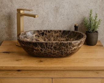 Modernes ovales Waschbecken aus Emperador-Marmor – 70 x 40 x 15 cm – ovales Designer-Aufsatzwaschbecken aus dunklem Emperador-Marmor – modernes Marmorwaschbecken