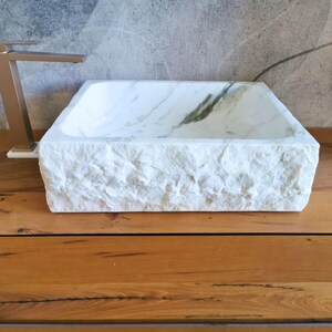 Rectangular Carrara marble sink 50 x 42 cm - Rustic bathroom countertop sink, monobloc design, natural stone - white countertop sink image 4