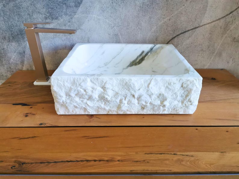 Rectangular Carrara marble sink 50 x 42 cm - Rustic bathroom countertop sink, monobloc design, natural stone - white countertop sink image 4