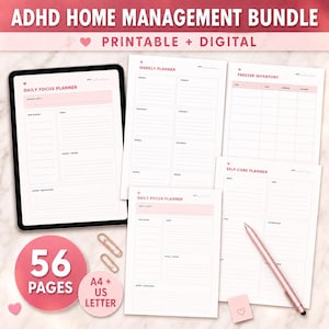 Può includere: Pacchetto di gestione domestica ADHD con un tablet digitale che mostra un pianificatore giornaliero, insieme a fogli stampati tra cui un pianificatore settimanale, inventario congelatore e pianificatore di cura di sé. 56 pagine A4 e US Letter.