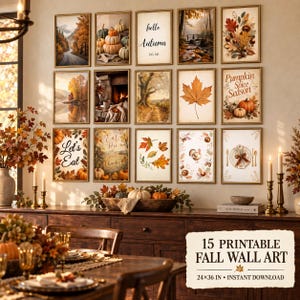 Könnte beinhalten: Eine Galeriewand mit 15 gerahmten Drucken zum Thema Herbst, darunter Landschaften, Kürbisse, Herbstlaub und Texte wie Hello Autumn, Pumpkin Spice Season und Let's Eat, die in einem Raster an der Wand angeordnet sind.