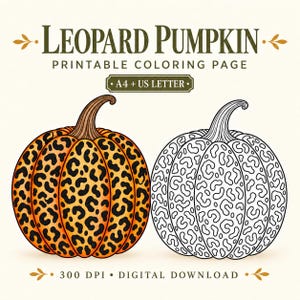 Leopard Pumpkin Coloring Page, Printable Fall Coloring Sheet, Animal Print Pumpkin, A4 & US Letter, Colored Example, Digital Download