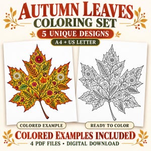 Fall Leaf Coloring Pages, 5 Botanical Autumn Designs, Adult Coloring Set, Colored Examples Included, A4 & US Letter Printable PDF