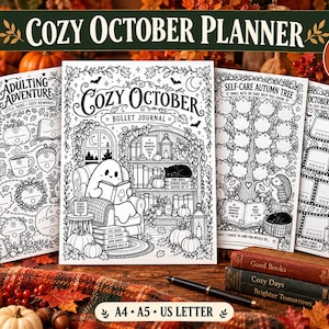 Peut inclure: Un ensemble de 48 pages de carnet de notes Cozy October avec des illustrations au trait noir et blanc de fantômes, de citrouilles et de thèmes automnaux. Les pages incluent un Adulting Adventure, un Self-Care Autumn Tree et un October Film Tracker. Disponible en formats A4, A5 et US Letter.