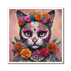 Aimant Día de Muertos, Las Cat-rinas, « Maruja », Aimants, Día de Muertos, Aimants pour chats, Aimants Calavera, Crânes de sucre, Aimants d’Halloween, Chat