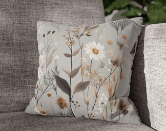 Grey Wildflower Throw Pillow, Botanical Cushion Cover, Daisy Print Pillowcase, Neutral Home Decor, Cottagecore Accent