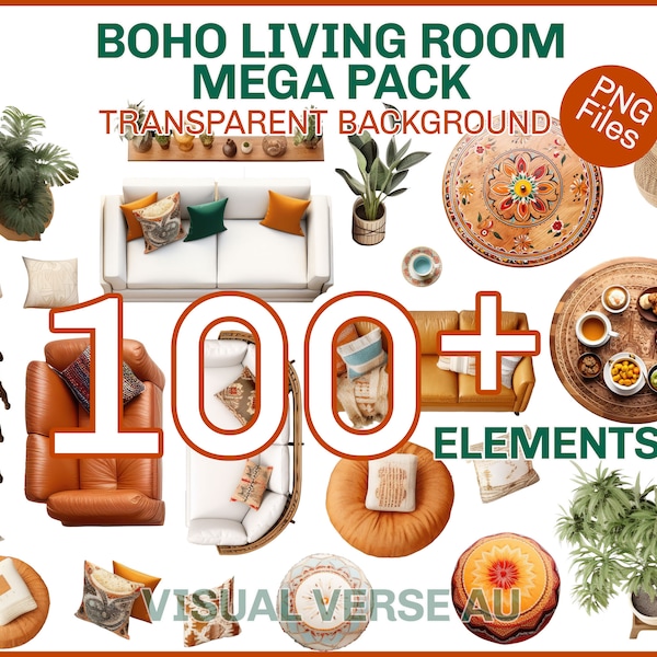 Procreate BOHO Living Room Furniture Blocks, Interior Design Elements on transparent background, Goodnotes stickers, household items