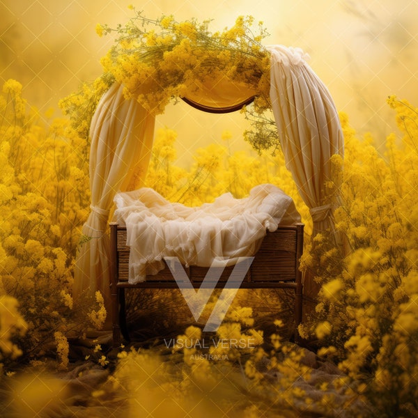 Canola Fields Digital backdrop for newborn photography, Baby photo background, Yellow colour scheme, Nature inspired cot, Overlay, unique