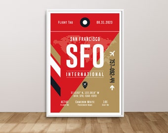 Cartel del aeropuerto de San Francisco, impresión de viaje de San Francisco, cartel personalizado del aeropuerto, cartel del aeropuerto SFO, impresión de equipaje del aeropuerto, regalo de piloto personalizado