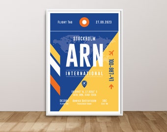 Impresión del aeropuerto de Estocolmo Arlanda, cartel del aeropuerto de Estocolmo, totalmente personalizable, cartel de ARN, etiqueta de equipaje de ARN, tarjeta de embarque de ARN, regalo de viaje