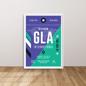 Cartel del aeropuerto de Glasgow, impresión de viajes de Escocia, cartel personalizado del aeropuerto, cartel del aeropuerto GLA, impresión de equipaje del aeropuerto, regalo de piloto personalizado