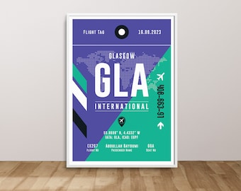 Cartel del aeropuerto de Glasgow, impresión de viajes de Escocia, cartel personalizado del aeropuerto, cartel del aeropuerto GLA, impresión de equipaje del aeropuerto, regalo de piloto personalizado