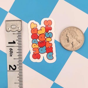 Puede incluir: Una pegatina colorida con el texto "Support Sisters" en un estilo de letras de burbujas. La pegatina est&aacute; al lado de una moneda y una cinta m&eacute;trica. La pegatina mide aproximadamente 5 cm de altura.