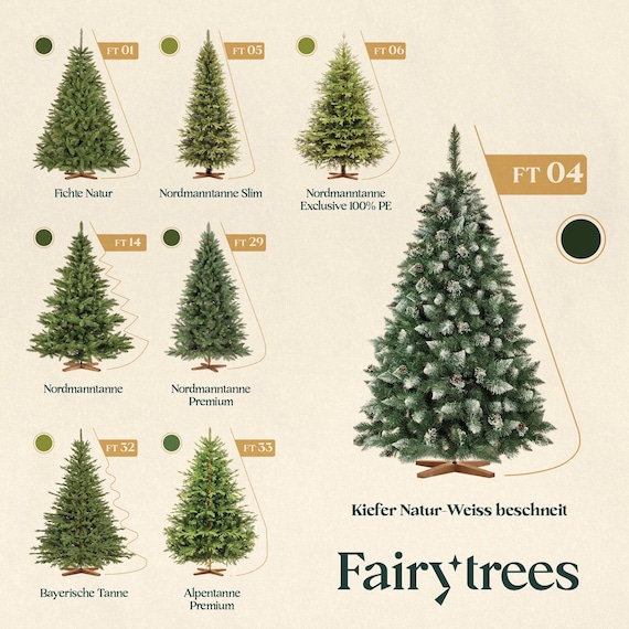 FairyTrees Weihnachtsbaum künstlich Kiefer mit Christbaum Holzständer | Tannenbaum künstlich mit Natur-Weiss beschneit | Made in EU
